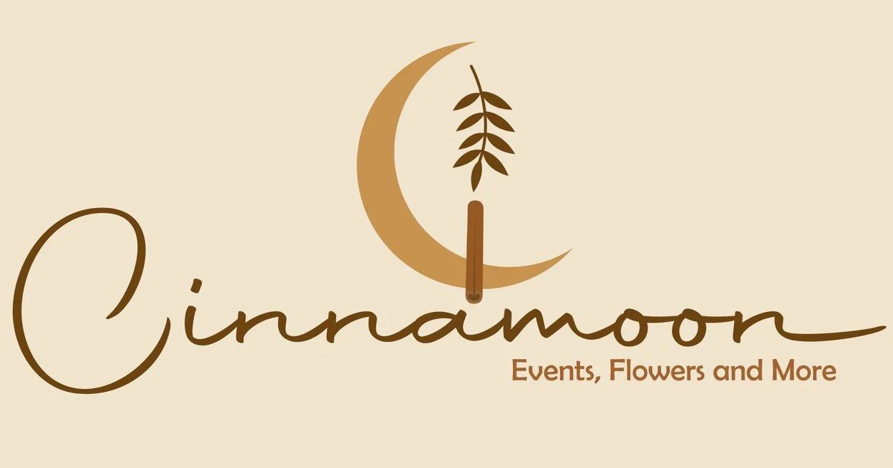 Logo for Cinnamon Moon featuring a crescent moon, a cinnamon stick, and a hanging leaf, with the text 'Cinnamon Moon' and the tagline 'Events, Flowers and More'.