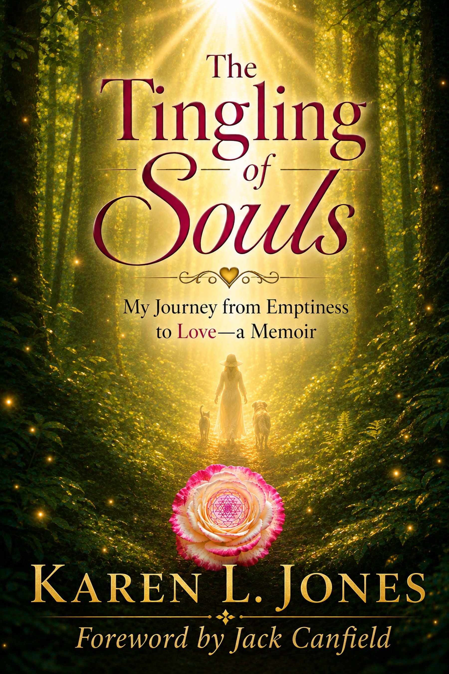 Book cover for 'The Tingling of Souls: My Journey from Emptiness to Love—a Memoir' by Karen L. Jones with a forest scene, a woman walking with dogs, glowing lights, and a large pink flower with a geometric design at the bottom.