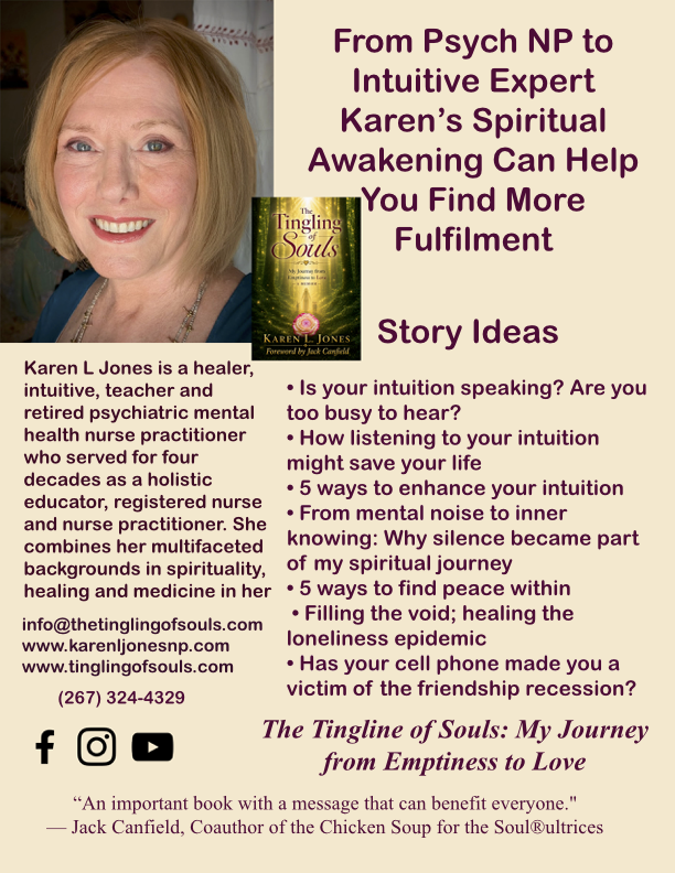 Media one-sheet featuring Karen L Jones with a headshot, book cover of "The Tingling of Souls," and info about her work as a healer and mental health nurse, offering story ideas and contact details.