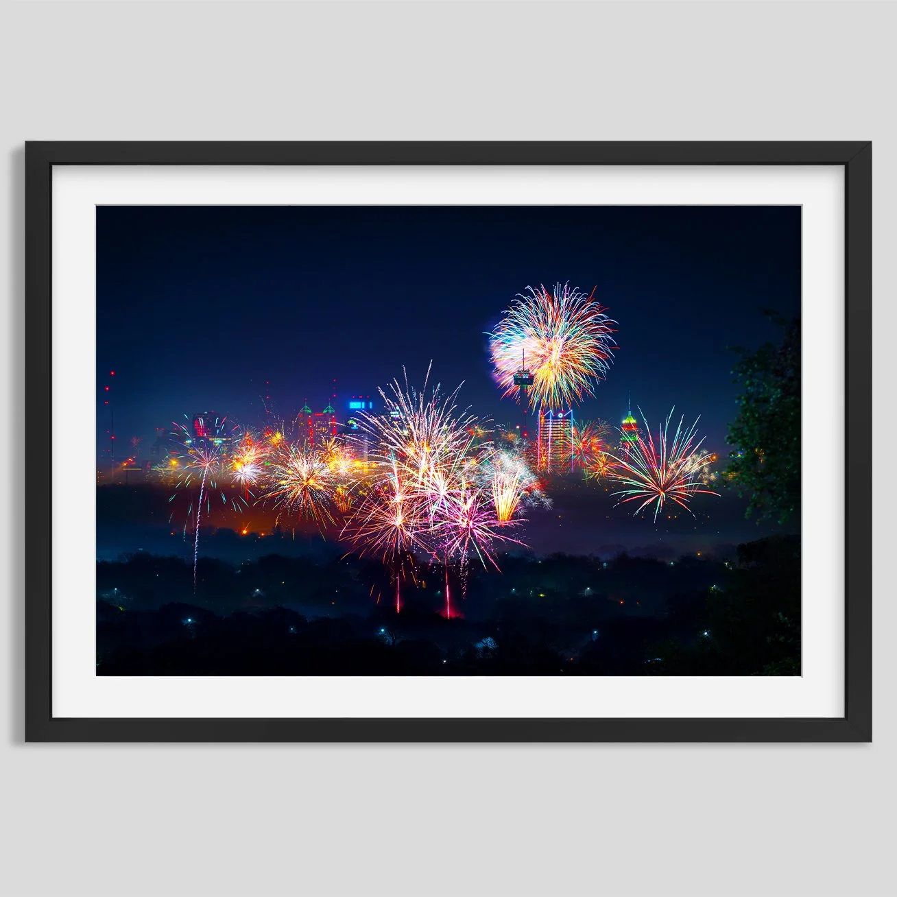 New Years Fireworks over the San Antonio Skyline (High Quality Photography Print)