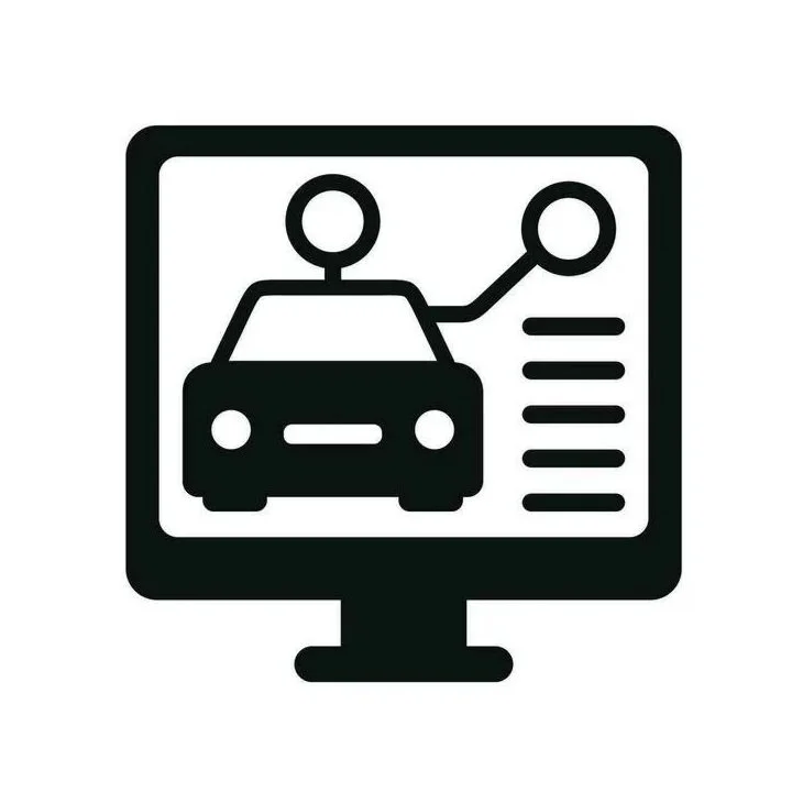 Icon of a computer screen displaying a car and a connected network graph, representing online automotive technology or vehicle connectivity.