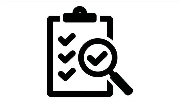 Icon of a checklist with a magnifying glass highlighting a checkmark.