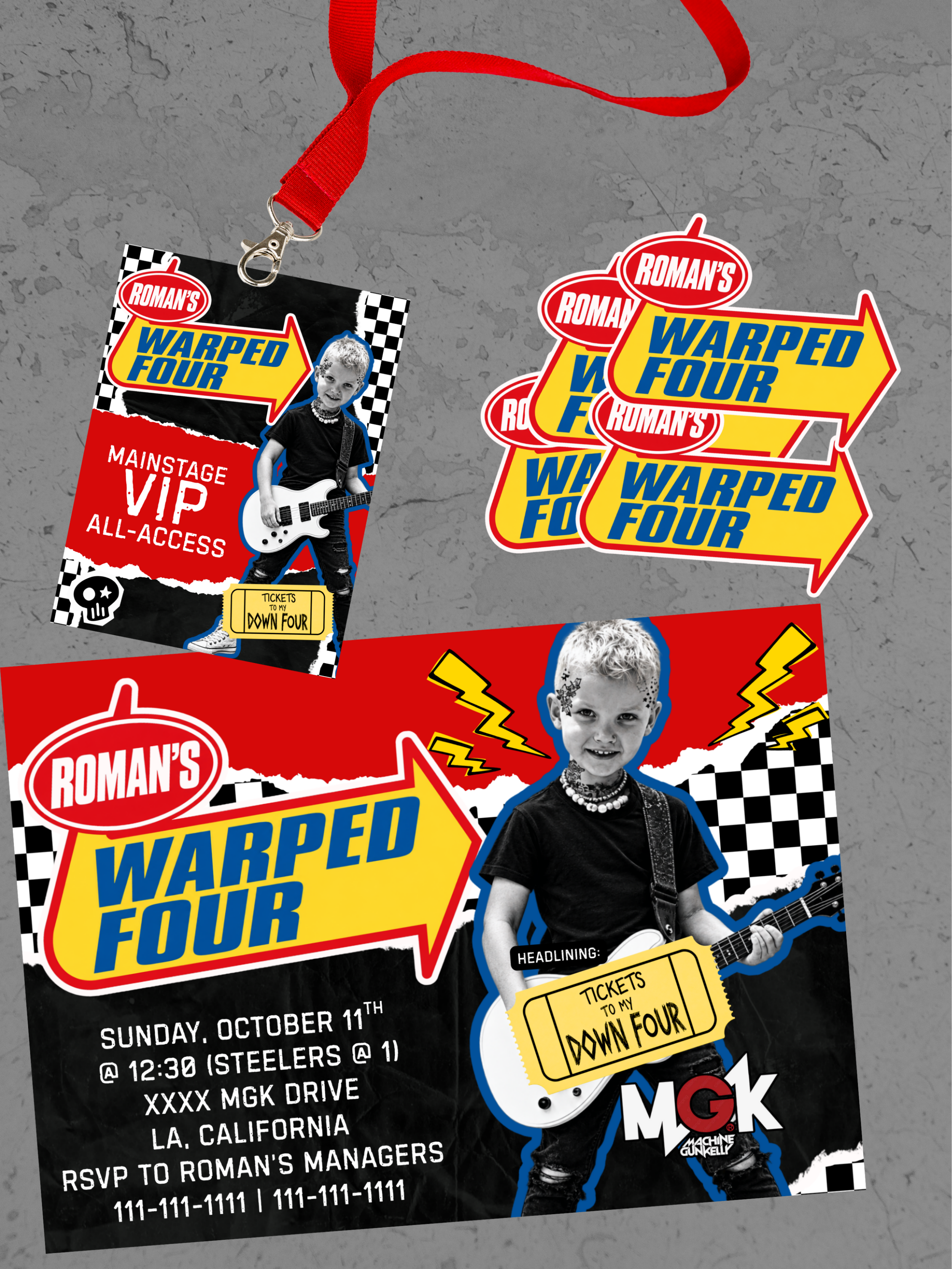 Concert ticket and promotional flyers for Roman's Warped Tour featuring a young boy with curly blond hair holding a guitar, with vibrant colors, bold text, and graphic elements.