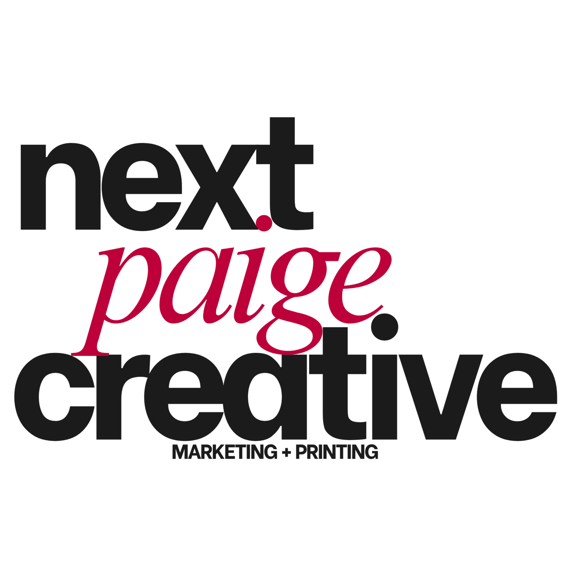 Text in black and red on a black background reading 'next page' with 'next' in large black letters, a pink dot, and 'page' in cursive red, with smaller text beneath reading 'MARKETING + PRINTING'