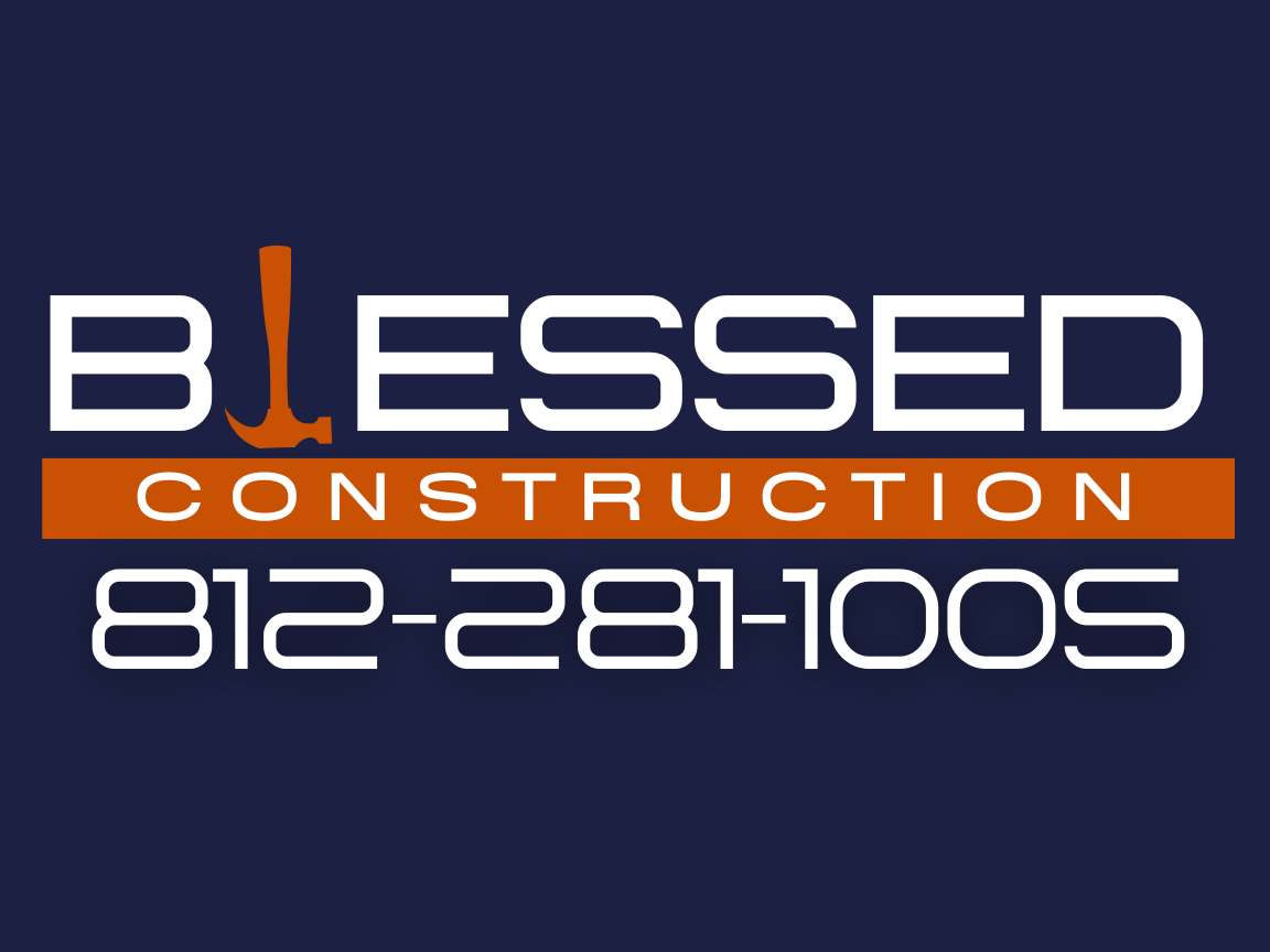Logo for Blessed Construction with a hammer replacing the letter B, the company name in white, and the phone number in white on a dark blue background.