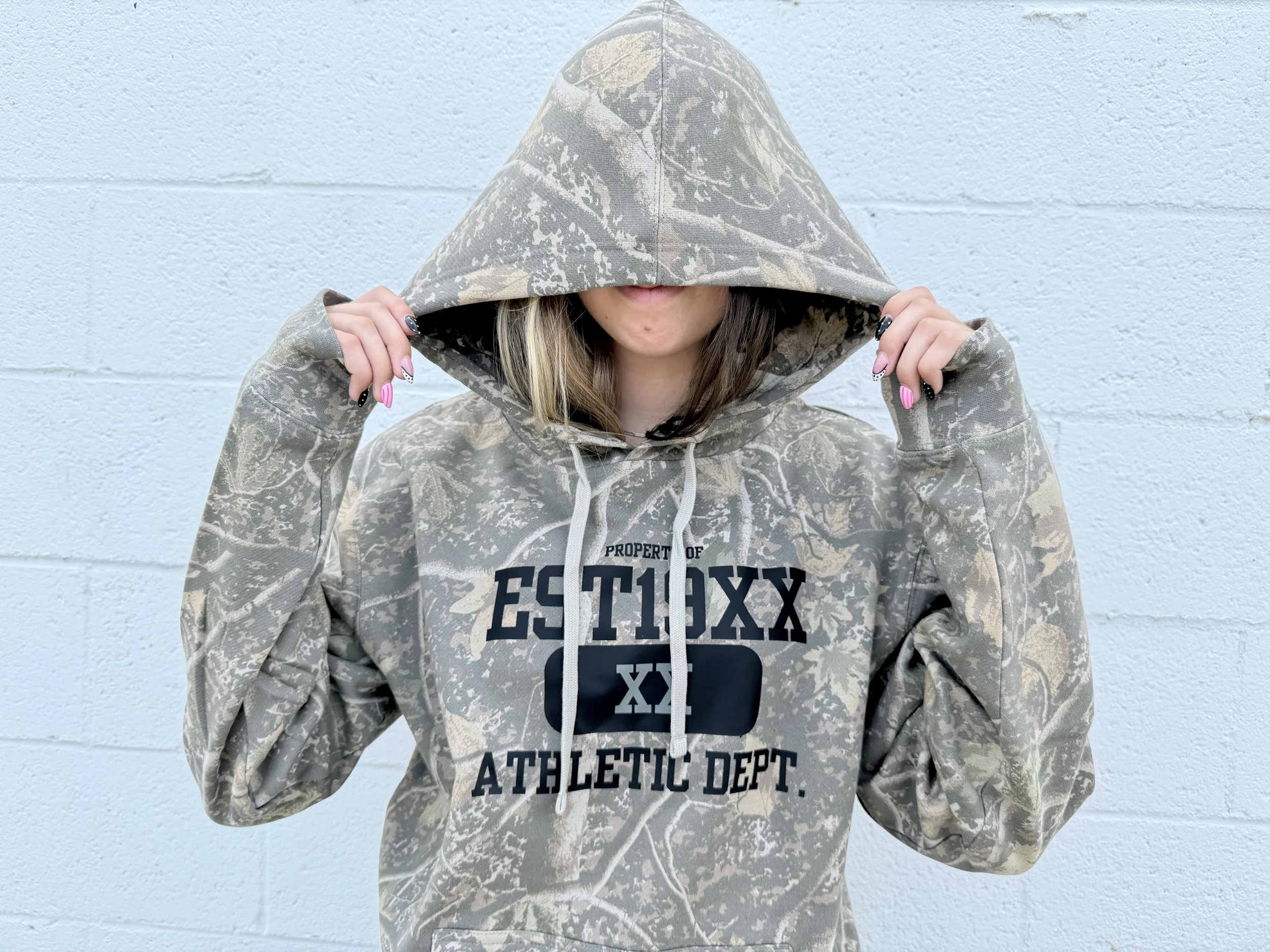 A person wearing a camouflage hoodie with the hood pulled over their head, obscuring their face, standing against a light blue textured wall.