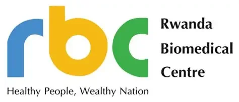 Logo of the Rwanda Biomedical Centre with large colorful letters 'rbc' and the words 'Rwanda Biomedical Centre' beside it, and the slogan 'Healthy People, Wealthy Nation' below.