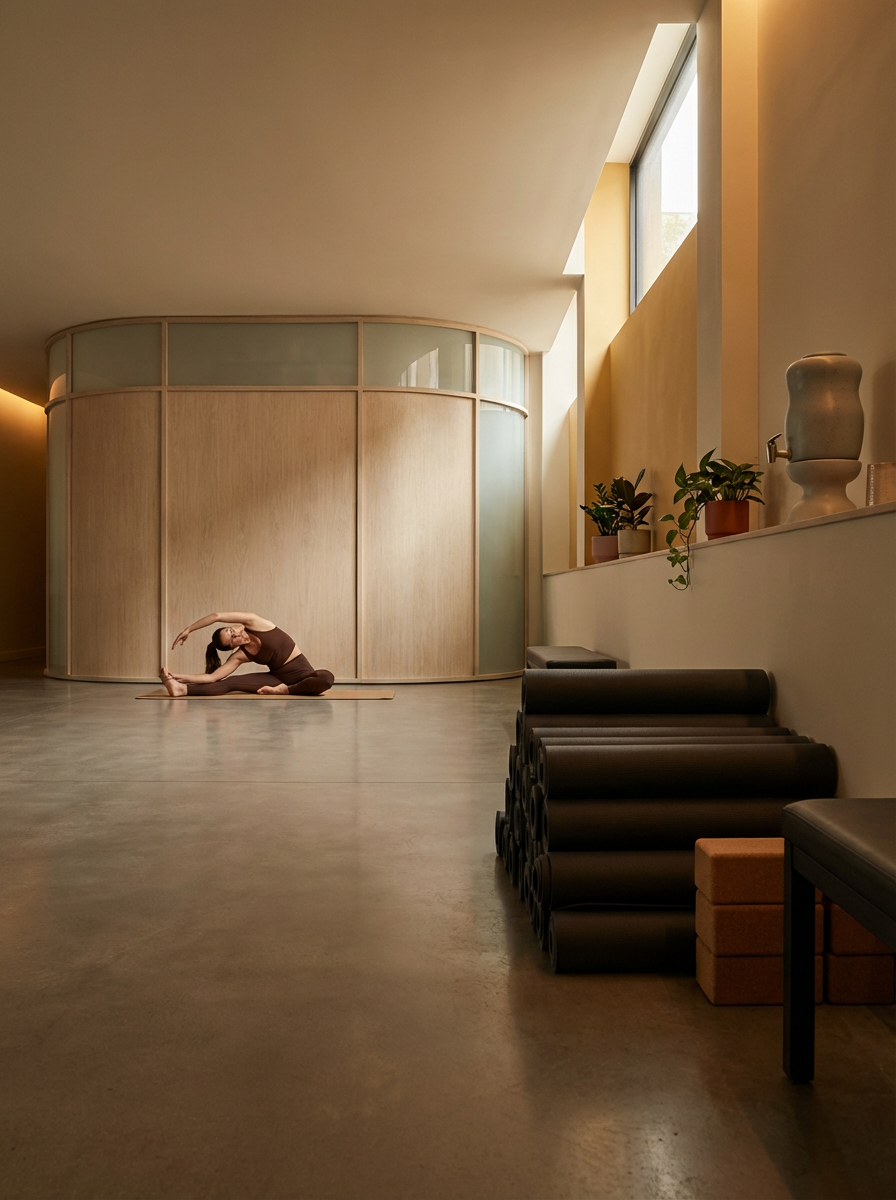 A woman practicing yoga in a spacious, minimalist room with large windows, a wooden wall, and some potted plants.