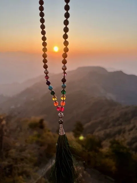Tanya Johnsons Mala beads at the Kunjapuri Devi Temple, Himalaya at sunrise on a spiritual journey