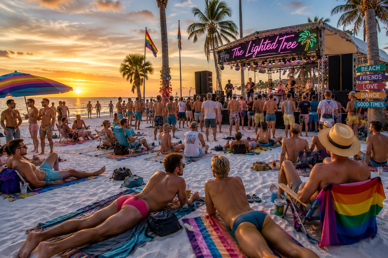 People enjoying a beach concert at sunset with a band performing on stage, palm trees, and a rainbow flag, some lounging on towels and others standing or dancing.