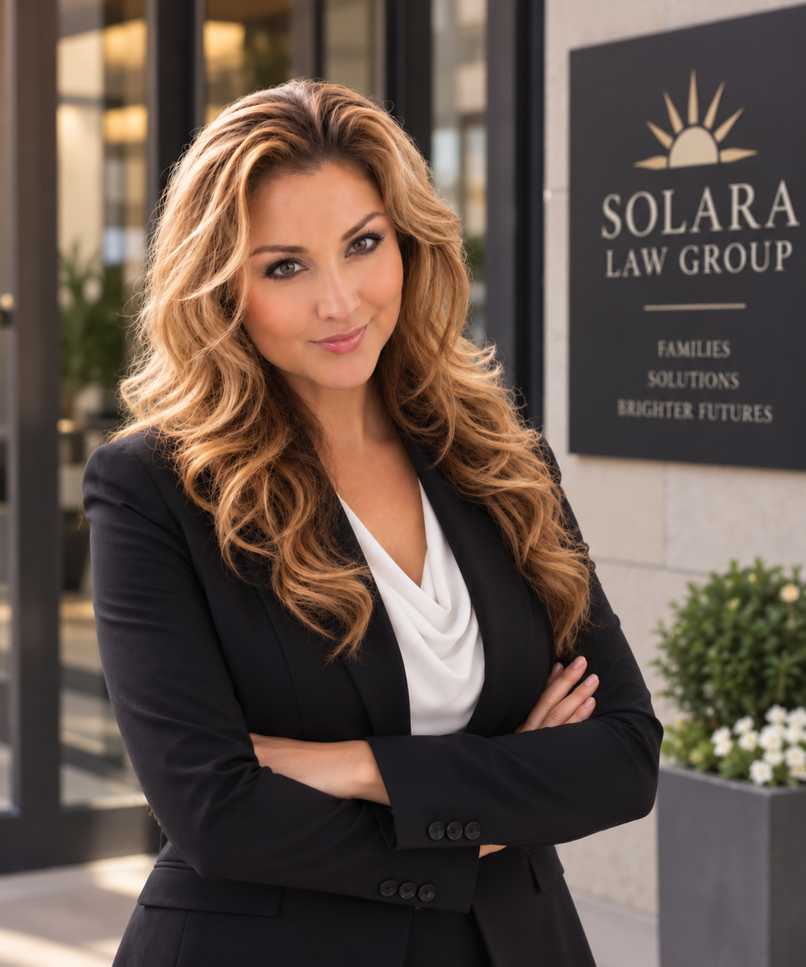A professional woman standing outside a law office with arms crossed, in front of a sign for Solara Law Group.