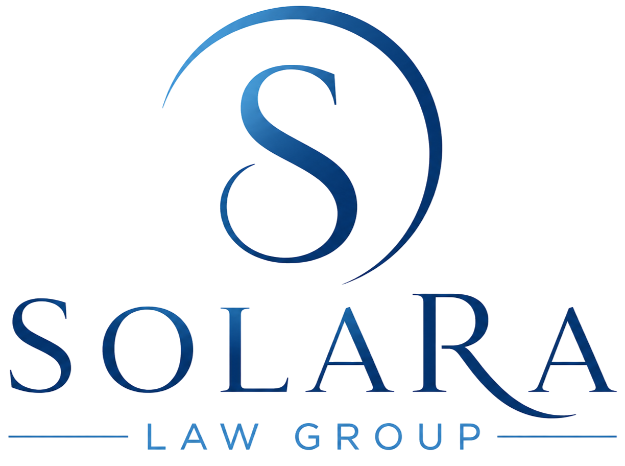 Logo of Solara Law Group, featuring a stylized letter S with curved lines in blue, and the text 'SOLARA' in large navy blue letters with a light blue ribbon underneath reading 'LAW GROUP'.
