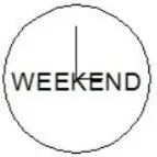 A white circle with the word 'WEEKEND' in black uppercase letters inside.