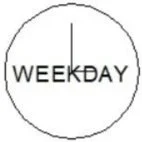 Black and white illustration of a clock with the word 'WEEKDAY' in the center.