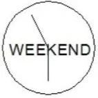Clock showing the time as approximately 4:00, with the word 'WEEKEND' in the center.