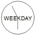 A clock face showing the word 'WEEKDAY' in place of the numbers, with the hour hand pointing to the top.