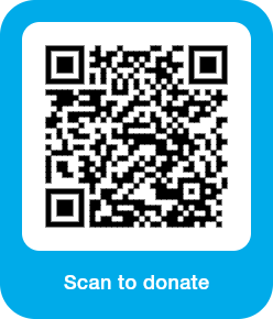 QR code for donation with blue background and white border, and text 'Scan to donate'.
