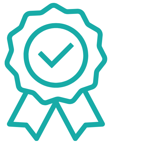 Blue certification badge with a check mark inside a circle and two ribbons hanging below.