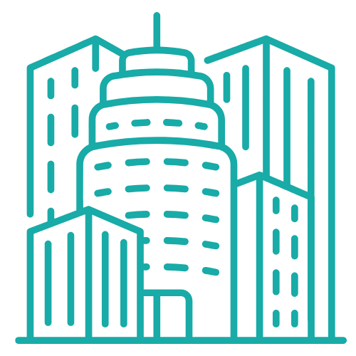 Line drawing of a city skyline with tall buildings.