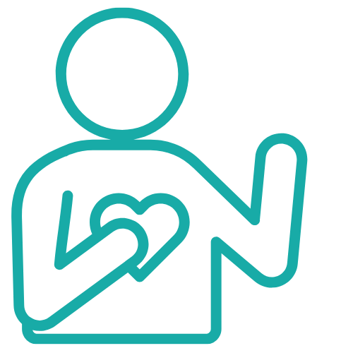 Outline of a person with one hand on their chest shaped like a heart, and the other hand raised with the index finger pointing up.