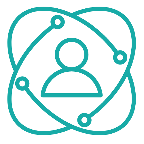 Icon of a person surrounded by orbiting lines with circles at their ends, symbolizing connection or network.