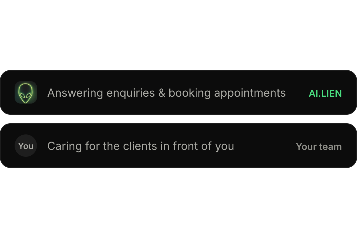 A screenshot of an AI assistant replying to a text message with two responses. The first response is "Answering enquiries & booking appointments" with an alien face icon, and the second is "Caring for the clients in front of you" from the user, labeled as "Your team," indicating a team environment.