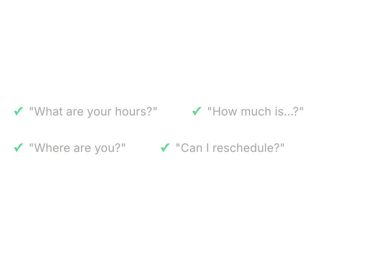 Four speech bubbles with different questions related to scheduling or time, all marked with green checkmarks, on a black background.