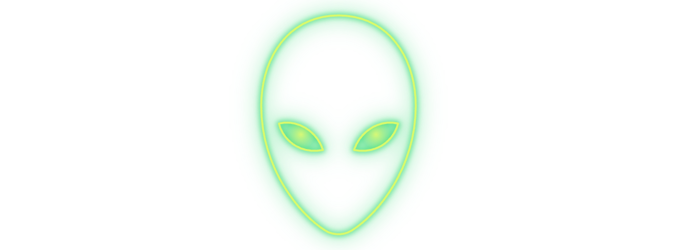 A digitally rendered, glowing green alien face with exaggerated features on a black background.