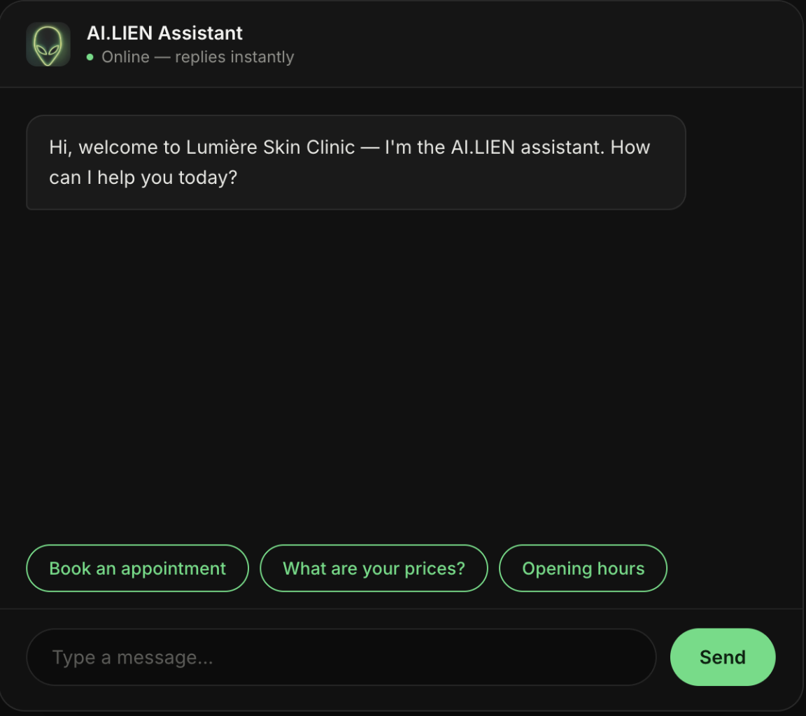 Screenshot of a chat window with the AI.LIEN Assistant, a digital black interface with green borders around options for booking an appointment, checking prices, and opening hours, and a message input box at the bottom.