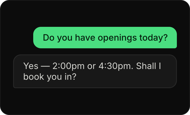 Screenshot of a text message conversation asking about openings, mentioning times 2:00 pm or 4:30 pm, and asking if they can be booked.
