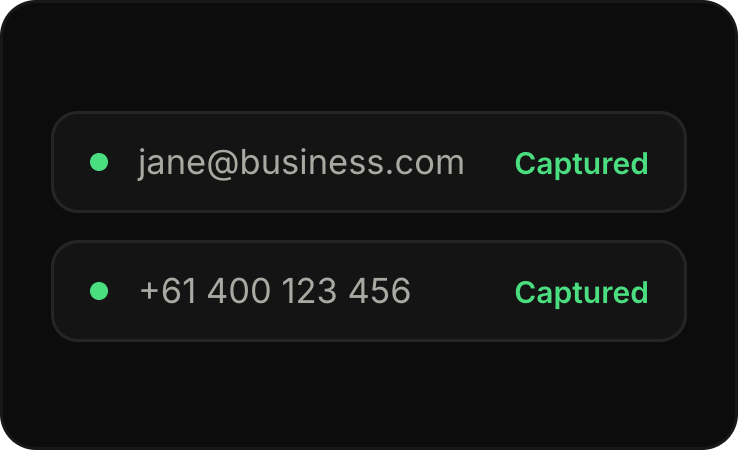 Screenshot of contact information showing an email address and phone number with 'Captured' labels.