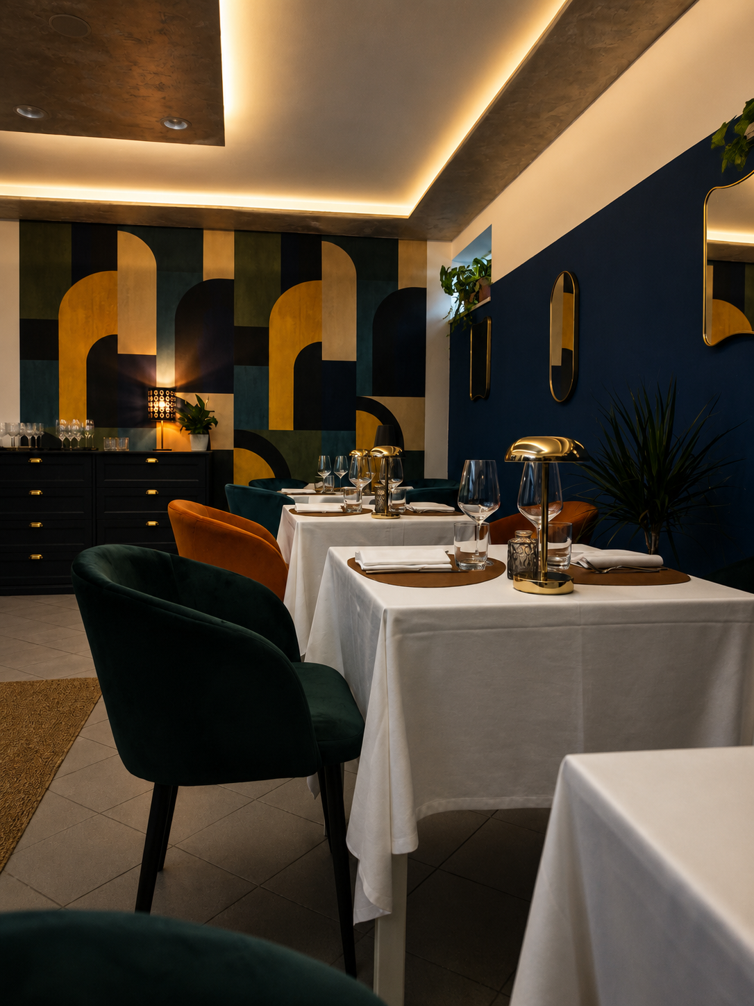 Interno di un ristorante elegante con tavoli apparecchiati con tovaglie bianche, bicchieri da vino, lampade dorate e sedie di velluto verde e arancione. Pareti decorativi con motivi geometrici e piante verdi.
