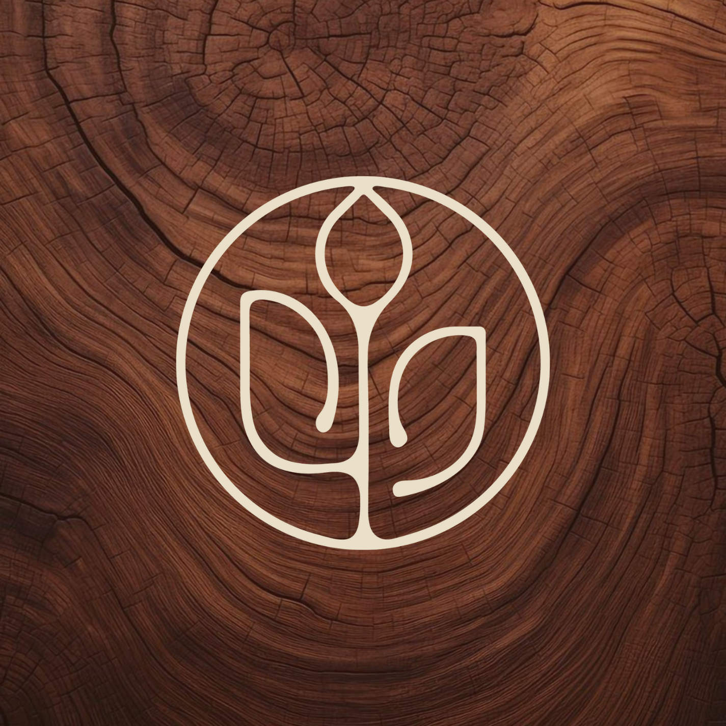 A white line art logo resembling a stylized tulip or flower within a circle, placed over a wooden texture background.