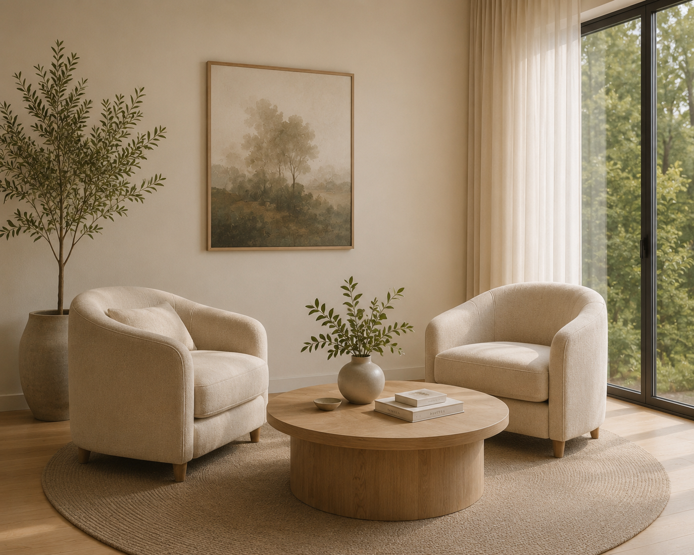 A cozy living room with two cream-colored armchairs, a round wooden coffee table, and large windows with sheer curtains, decorated with potted plants and a landscape painting.