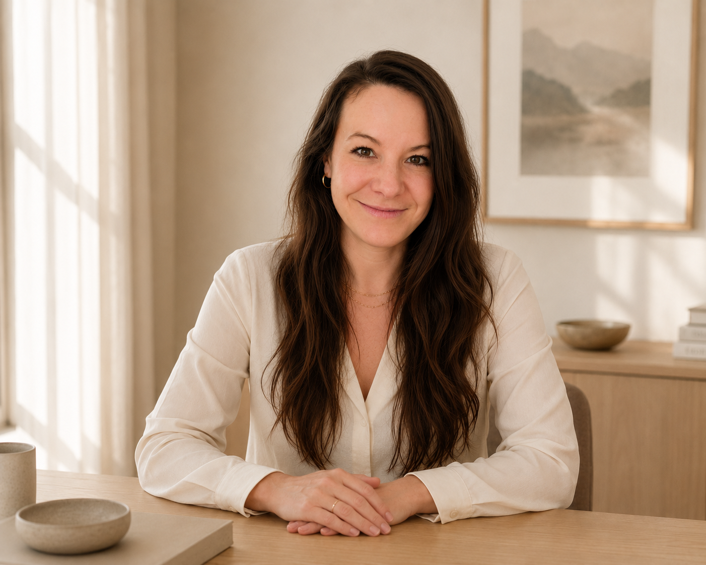 A smiling woman with long brown hair, wearing a white blouse, sitting at a wooden table in a well-lit room with a beige and white decor.