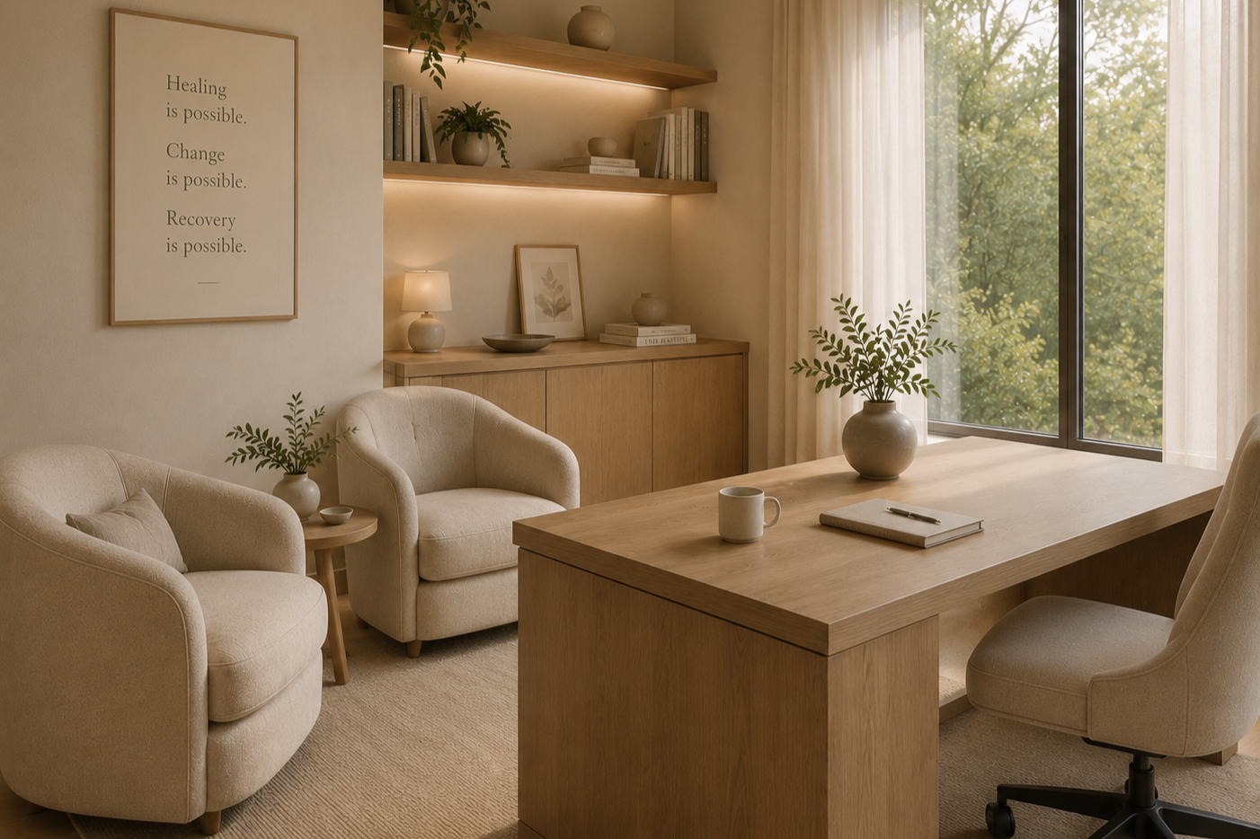 A modern, minimalist office space featuring a wooden desk with a notebook and mug, beige chairs, a window with sheer curtains, and floating shelves with plants and decorative items.
