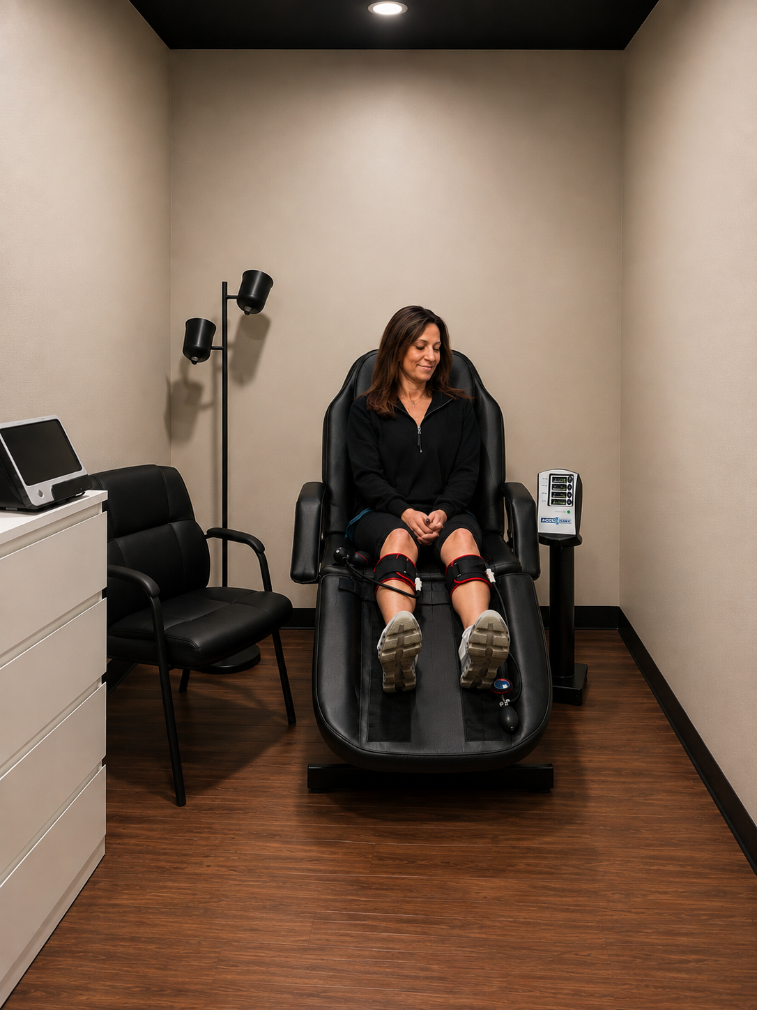A woman sitting on a knee decompression treatment chair with leg straps, in a clinical room with beige walls and wooden floor, surrounded by medical equipment and a lamp.