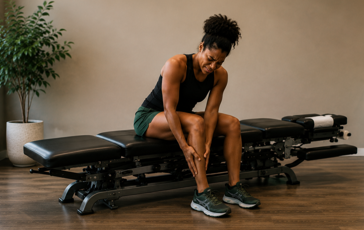 A woman in athletic attire sitting on a chiropractic table, clutching her ankle with a pained expression.