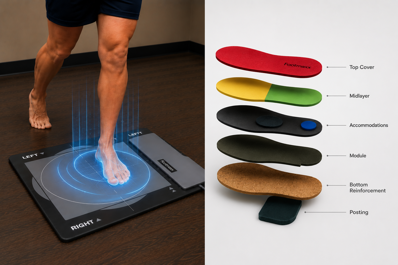A person standing on a digital foot scanning mat with a virtual display of the foot. To the right are exploded views of Footmaxx custom orthotics