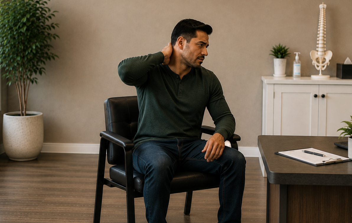 Man sitting in an office chair holding his neck, experiencing discomfort.