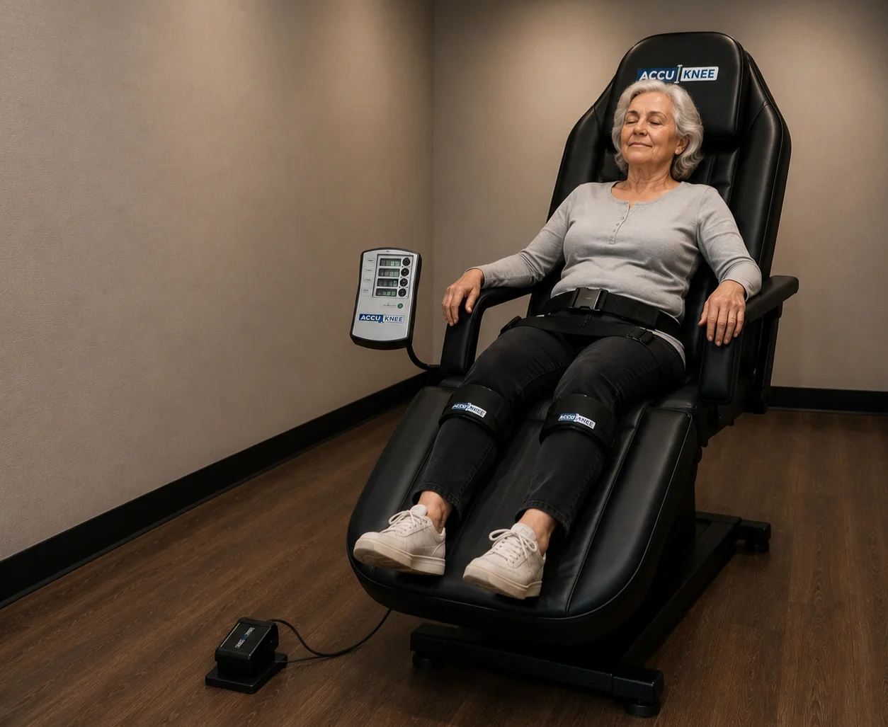 An older woman with gray hair relaxing in a knee decompression medical chair with knee support labeled accu-knee
