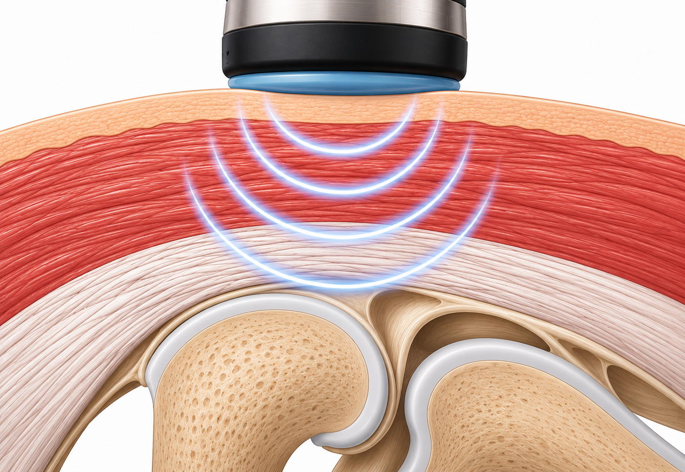 Illustration of a acoustic shockwave therapy device emitting waves to soft tissue.