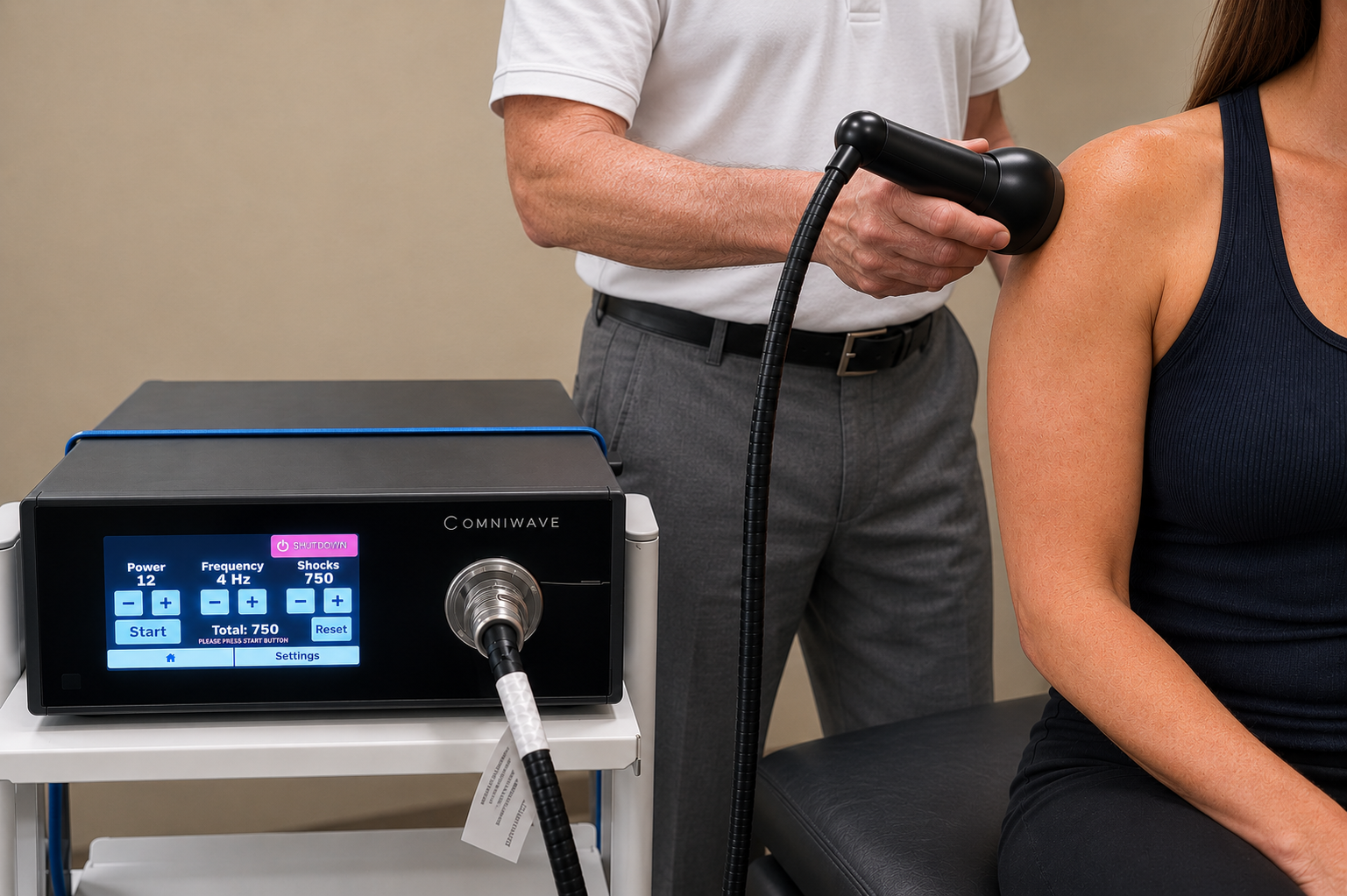 A person receiving a acoustic shockwave treatment or diagnosis using a handheld device connected to a machine.