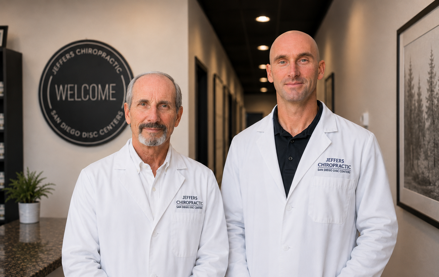 jeffers chiropractic's doctors in white coats standing inside an office, smiling at the camera, with a 'Welcome' sign on the wall behind them.