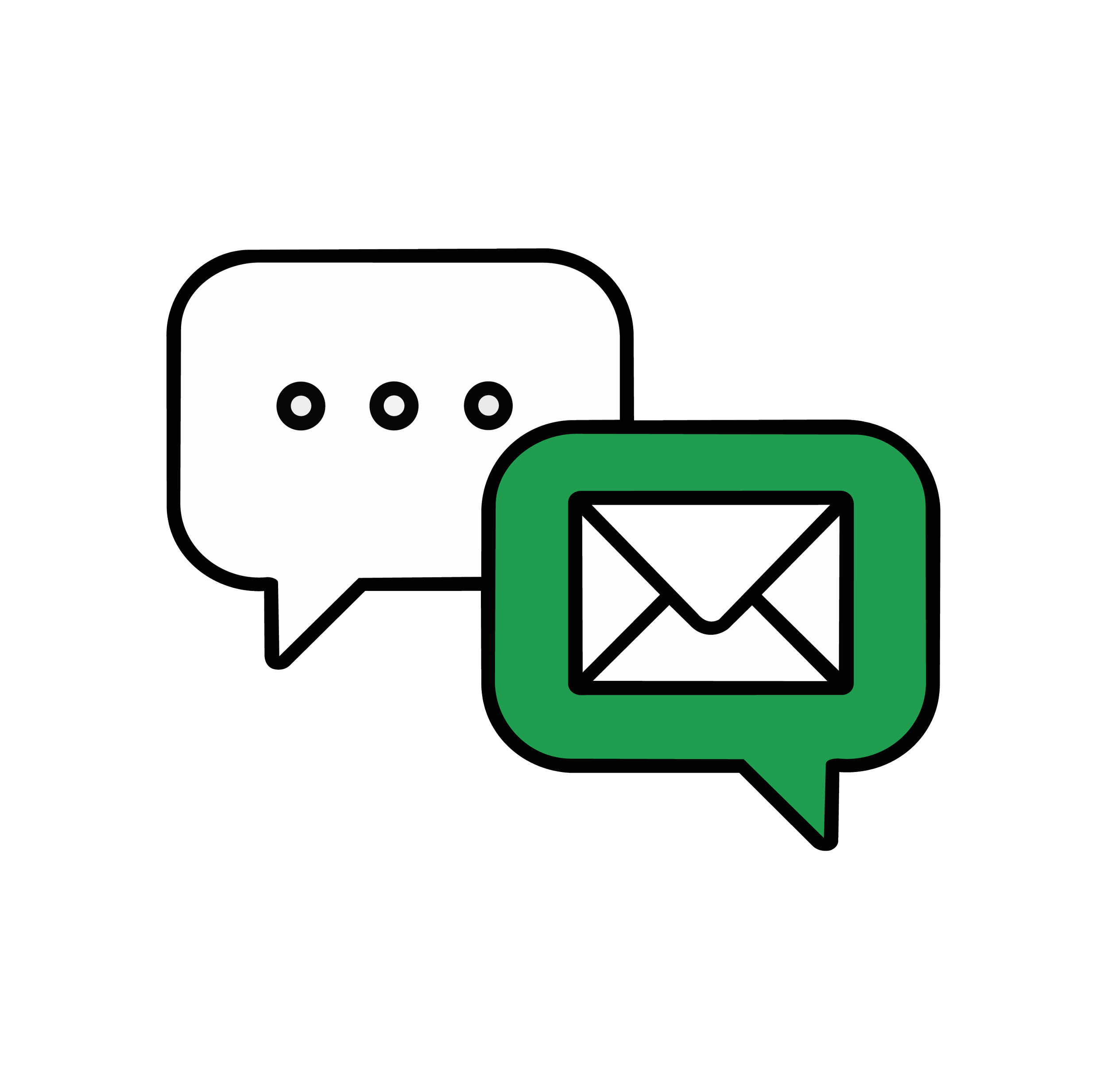 Icons of a speech bubble with dots, an email envelope, and a messaging app, all enclosed in a green square.