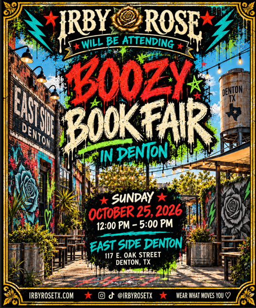 Irby Rose will be at the Boozy Bookfair at East Side Denton on October 25th from 12pm to 5pm. Address is 117 E Oak Street, Denton TX. Come find horror, rock and roll, alternative merch -- with Denton exclusive shirts.