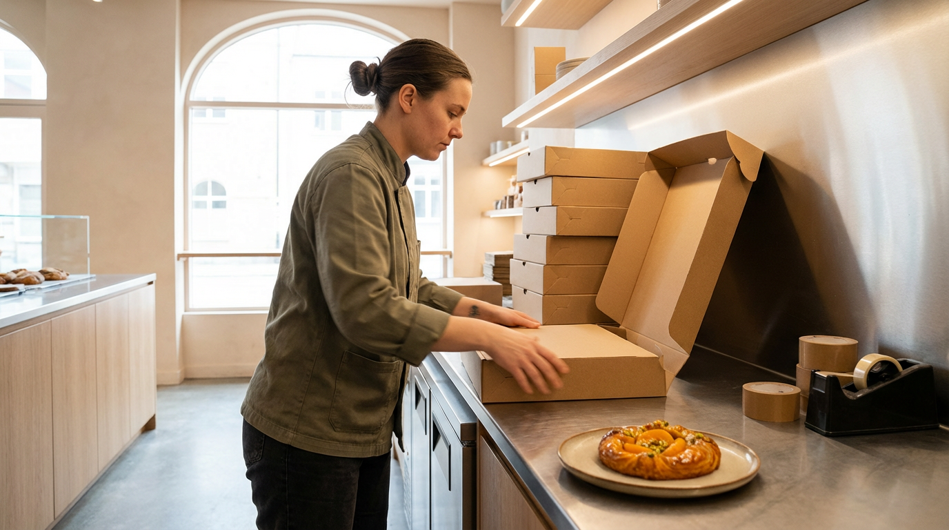 A woman packaging food boxes in a bakery or cafe setting with a prepared pastry on a plate nearby.