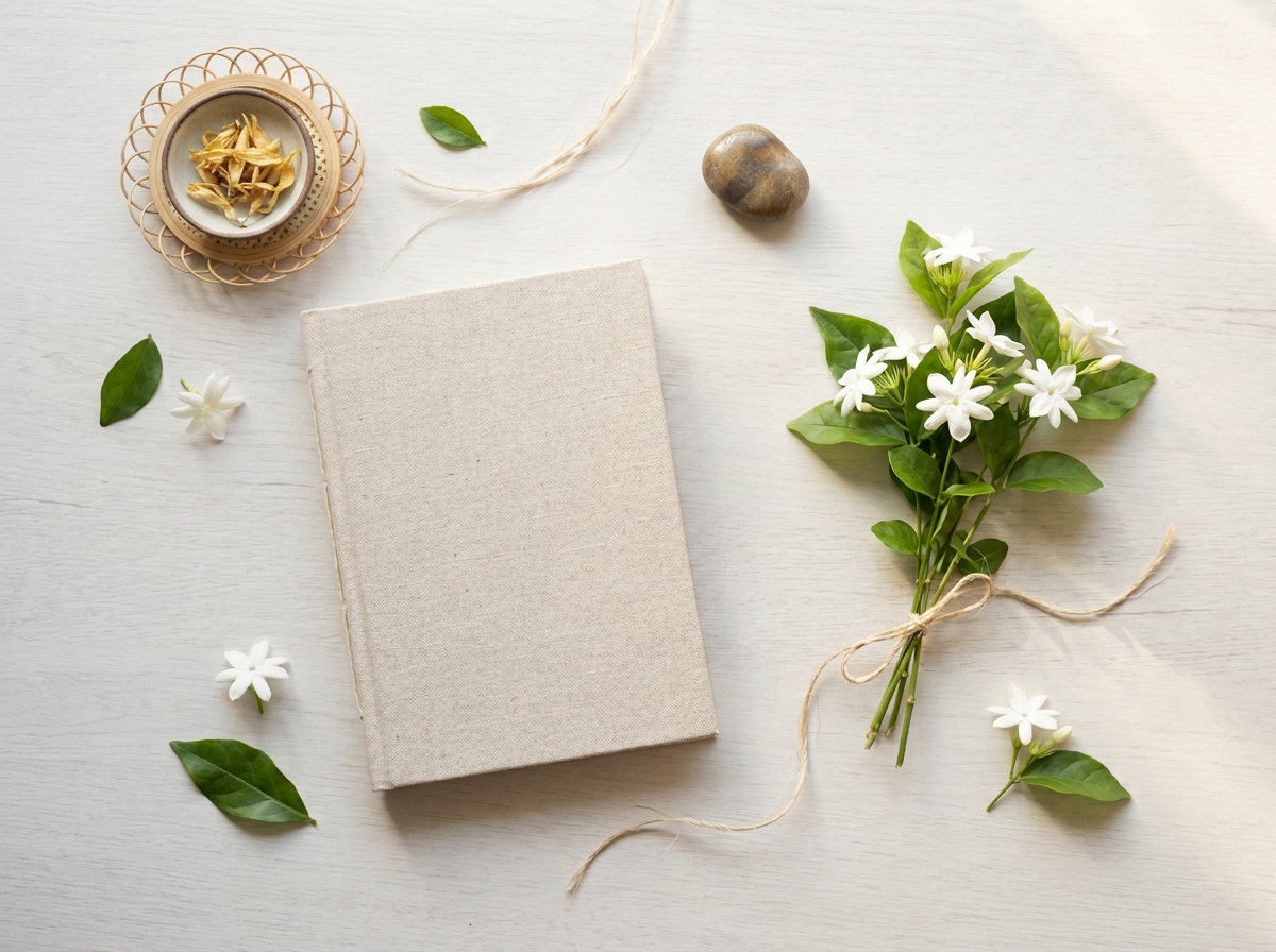 A closed beige fabric-covered notebook, a bouquet of white jasmine flowers tied with twine, green leaves, a small dish with dried flower petals, a smooth stone, and a white string on a light wooden surface.