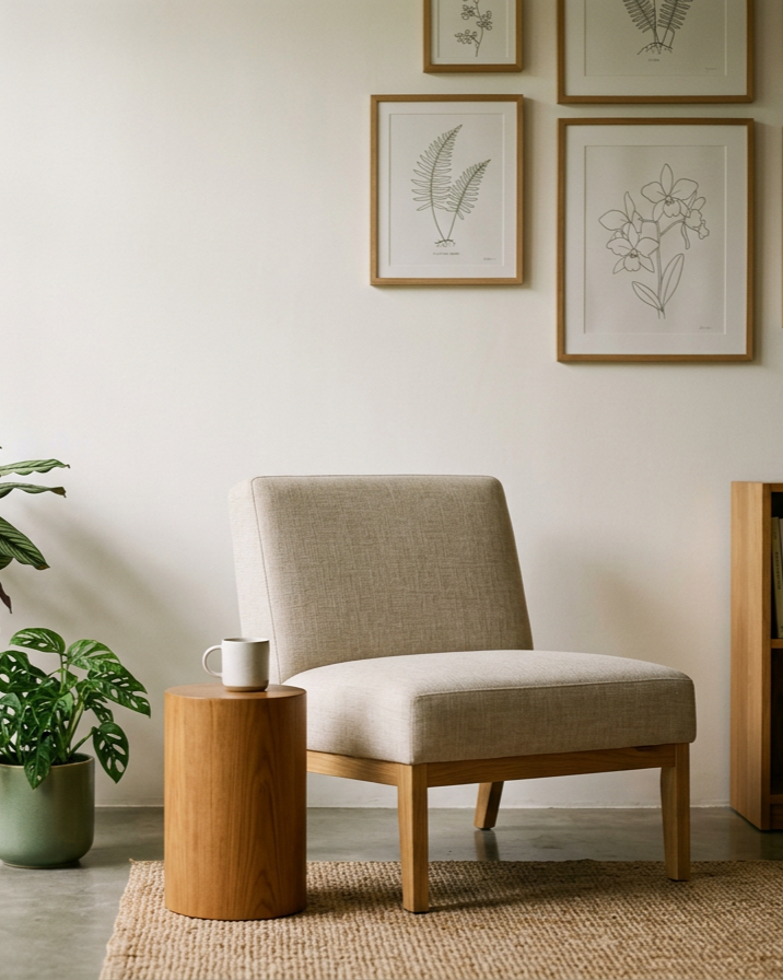 A modern, minimalist living room corner with a beige upholstered armchair, a small round wooden side table with a white mug, a green potted plant, a textured beige rug, and framed botanical art on the wall.