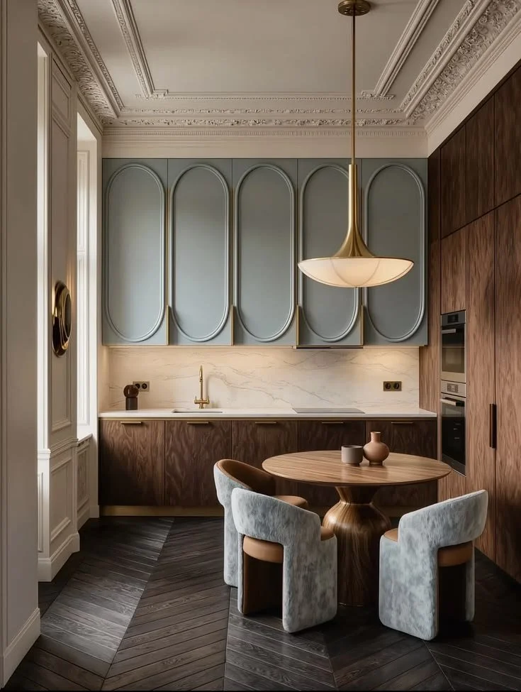 Modern kitchen with elegant details, including a round wooden dining table with four upholstered chairs, built-in cabinetry with a marble backsplash, and a hanging pendant light.